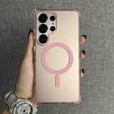 Rose gold Samsung Galaxy S23 Ultra with a clear, pink MagSafe compatible case.