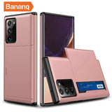 Rose gold smartphone case with a built-in card slot for storing a credit card.