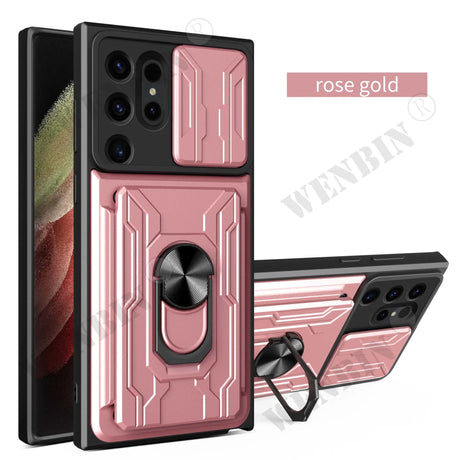 Rose gold smartphone case with a built-in ring holder and geometric design patterns.