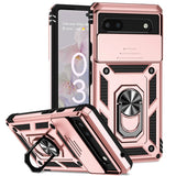 Rose gold smartphone case with a built-in ring holder and rugged protective design.