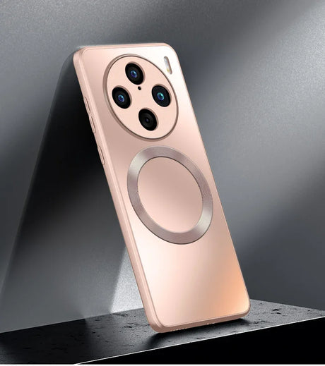 Rose gold smartphone with a circular camera array and a prominent ring on the back.