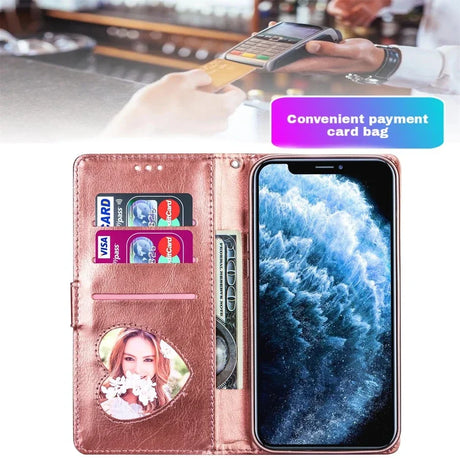 Rose gold smartphone wallet case with card slots and a photo holder.