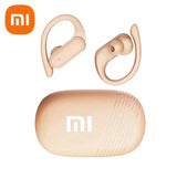 Rose gold wireless earbuds with ear hooks and charging case.