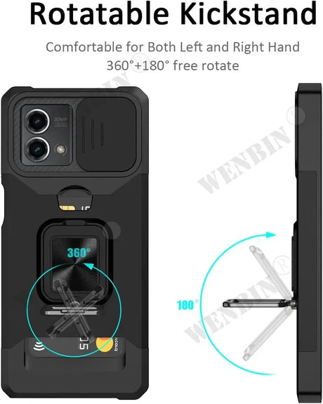 Rotatable kickstand phone case with 360-degree and 180-degree rotation capabilities.