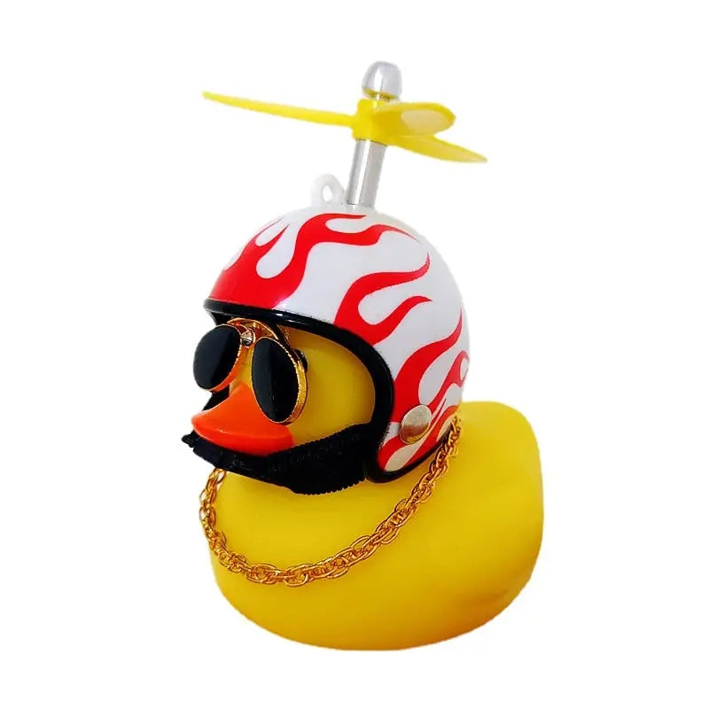 a rubber duck wearing a helmet and sunglasses