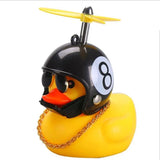 a rubber duck with a helmet and a chain