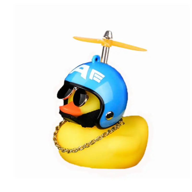 a duck wearing a helmet and a yellow chain