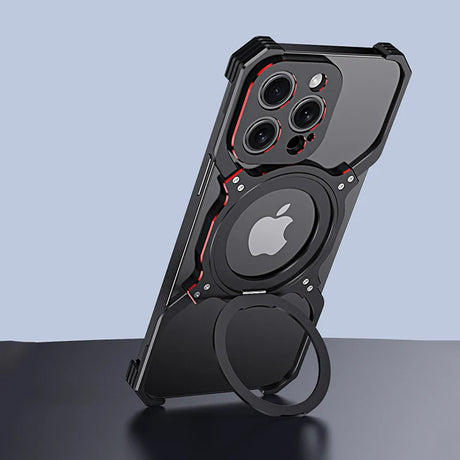 Rugged black iPhone case with a circular magnetic ring and red accents.