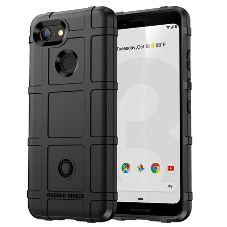 Rugged black protective case for a smartphone, featuring a segmented design and camera cutout.