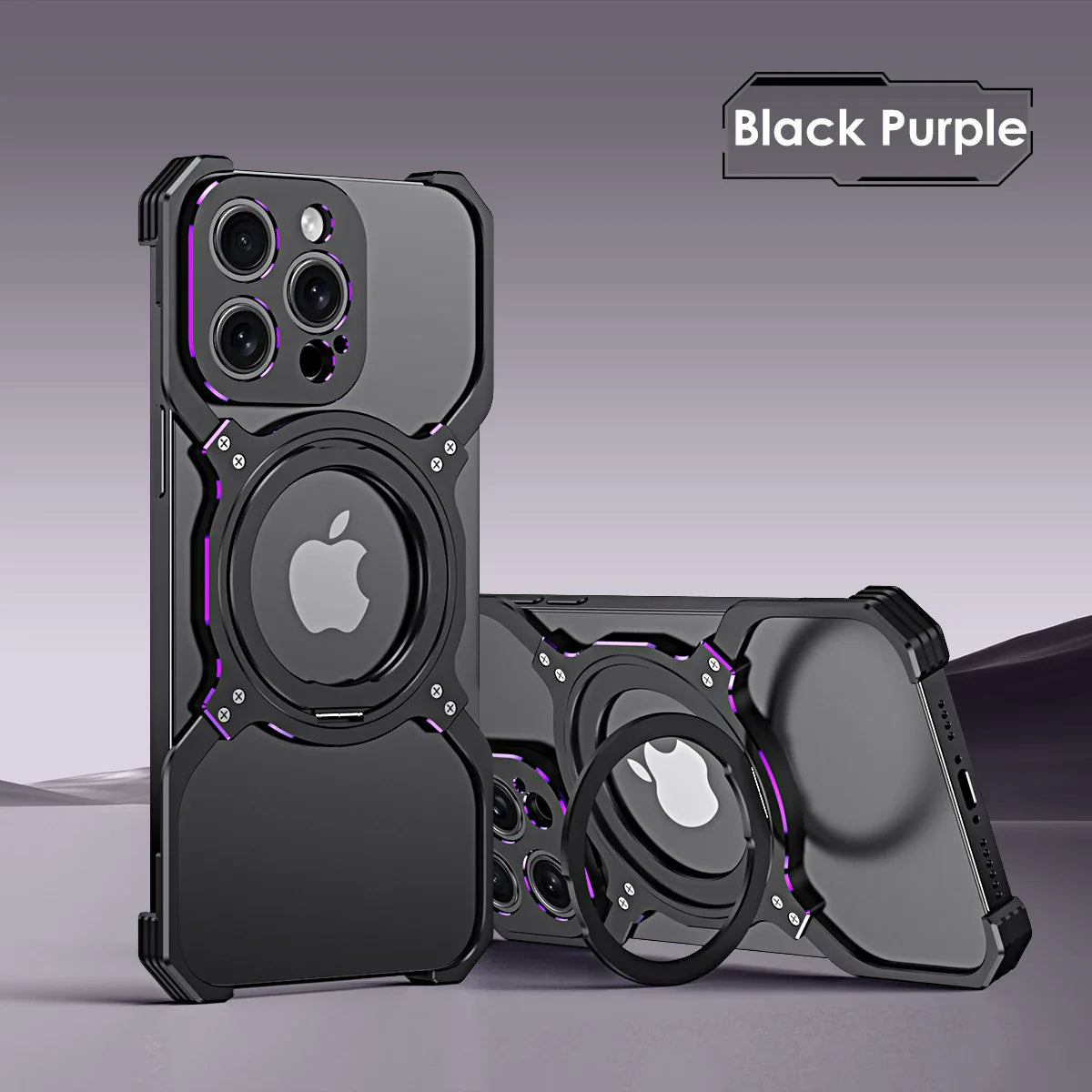 Rugged black and purple protective case for an iPhone, featuring a circular design element around the Apple logo.