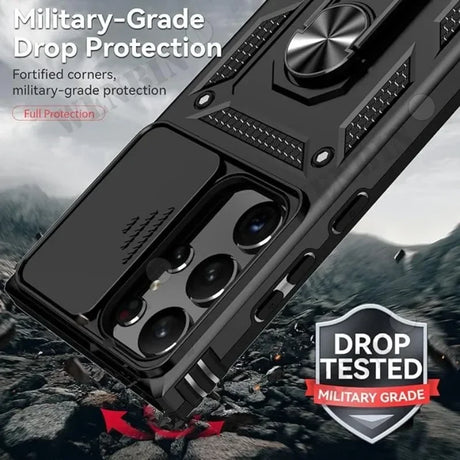 Rugged black smartphone case with military-grade drop protection features.