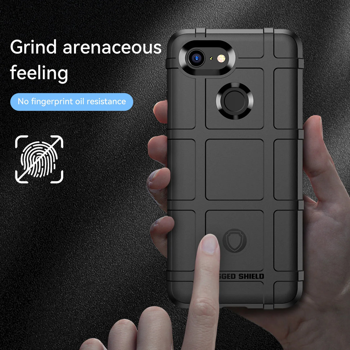 Rugged black smartphone case with a grid-like pattern and camera cutout.