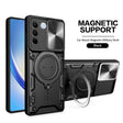 Rugged black smartphone case with magnetic support and integrated ring holder.