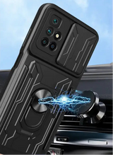 Rugged black smartphone case with a built-in magnetic ring holder and multiple camera cutouts.