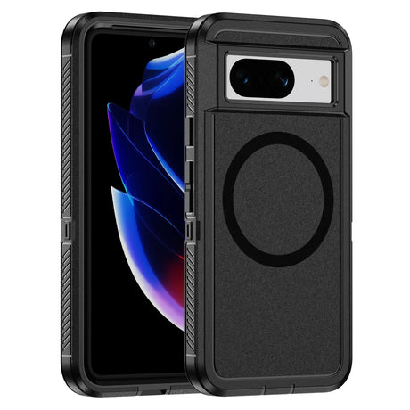 Rugged black smartphone case with a circular design element and visible camera cutout.