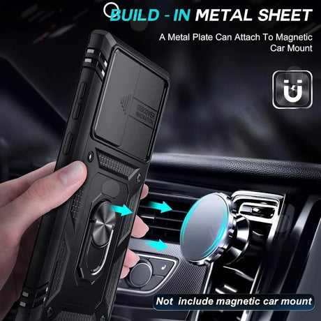 Rugged black smartphone case with a built-in metal plate for magnetic car mounting.