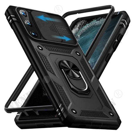 Rugged black smartphone case with a built-in ring holder and camera protection features.