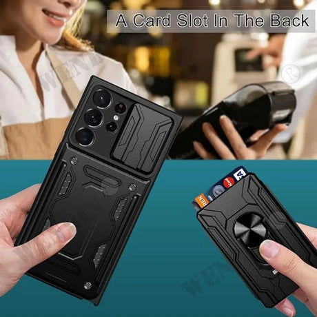 Rugged black smartphone case with a built-in card slot on the back.