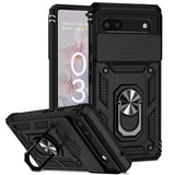 Rugged black smartphone case with a built-in ring holder and kickstand.