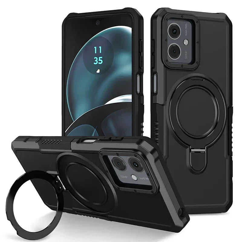 Rugged black smartphone case with a built-in ring holder and kickstand.