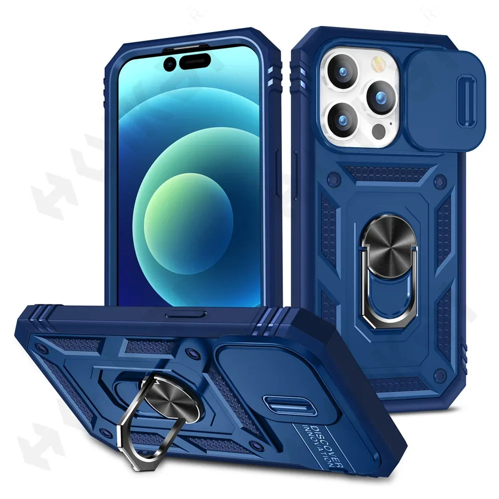 Rugged blue protective case for an iPhone with a built-in ring holder and camera lens cover.