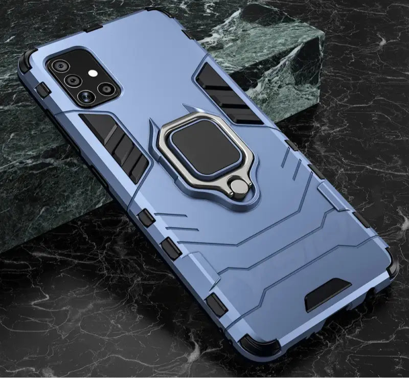 Rugged blue smartphone case with a built-in ring holder and kickstand.