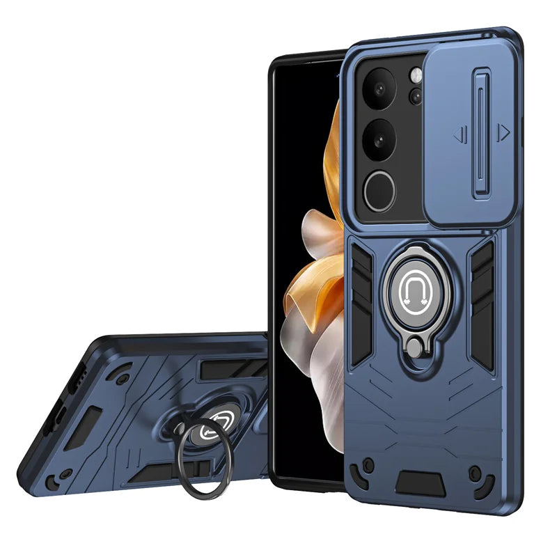 Rugged blue smartphone case with a built-in ring holder and kickstand.