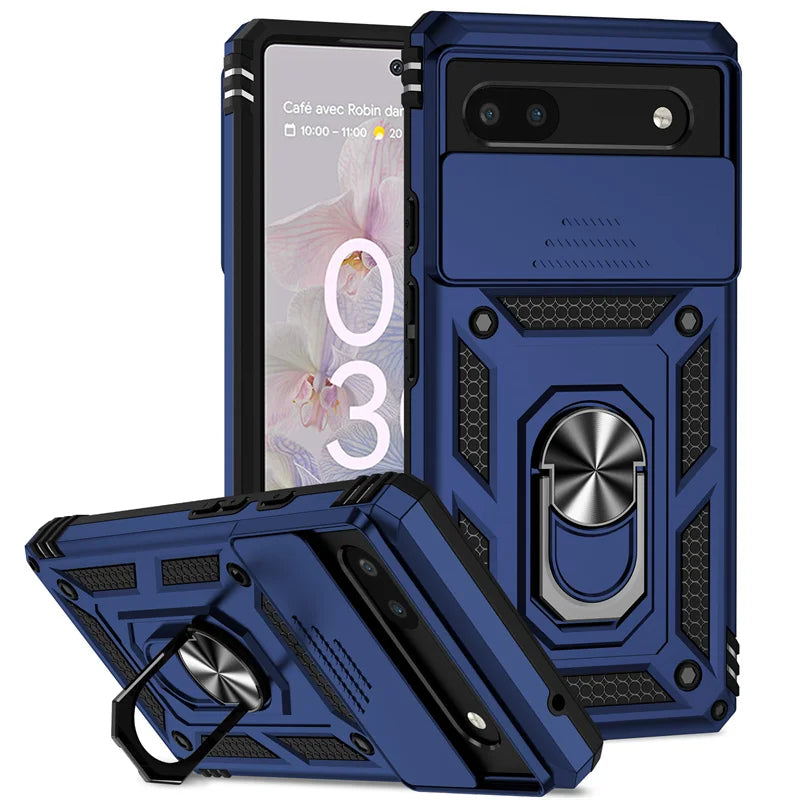 Rugged blue smartphone case with a built-in ring holder and kickstand.