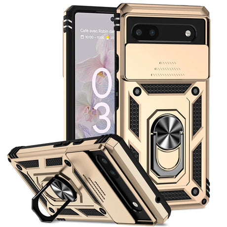 Rugged gold-colored smartphone case with a built-in ring holder and kickstand.