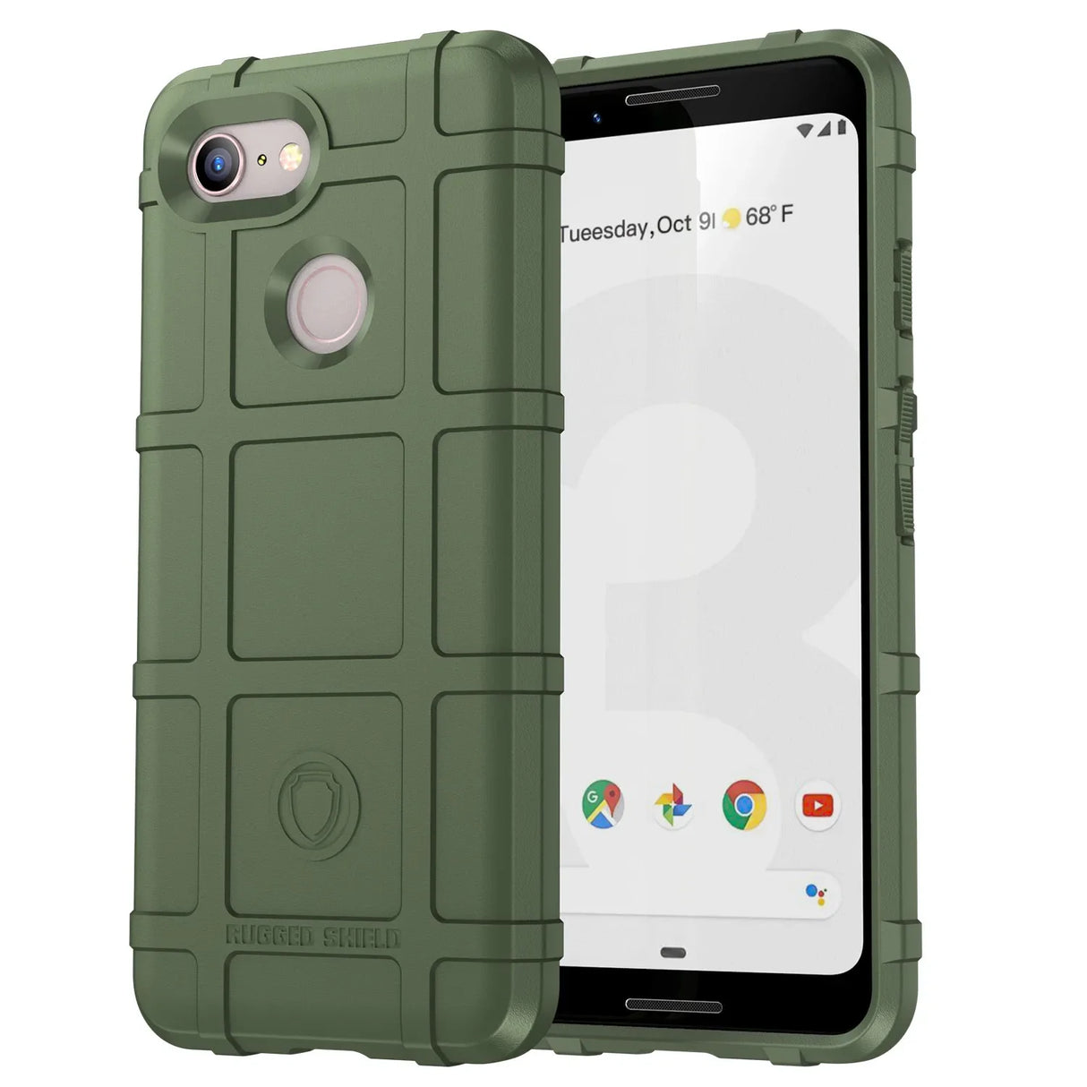 Rugged green protective case for a smartphone with a visible screen displaying app icons and weather information.