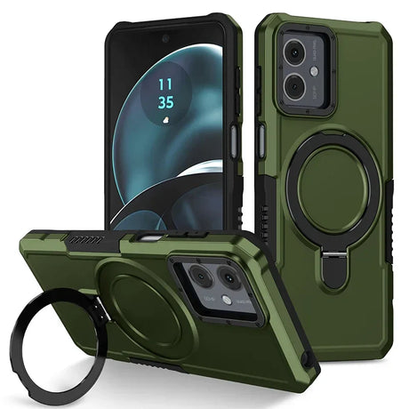 Rugged green smartphone case with a built-in ring holder and magnetic mount.