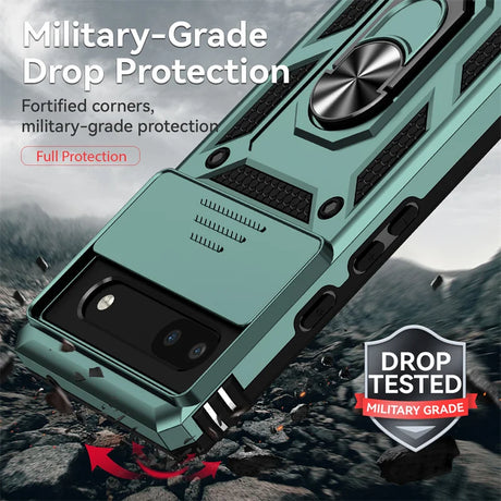 Rugged military-grade protective case for a smartphone, featuring reinforced corners and a metallic green design.