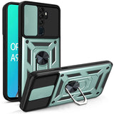Back view of a rugged mint green and black shockproof armor case for oppo a93 with magnetic ring stand and camera slider