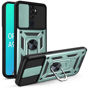Back view of a rugged mint green and black shockproof armor case for oppo a93 with magnetic ring stand and camera slider