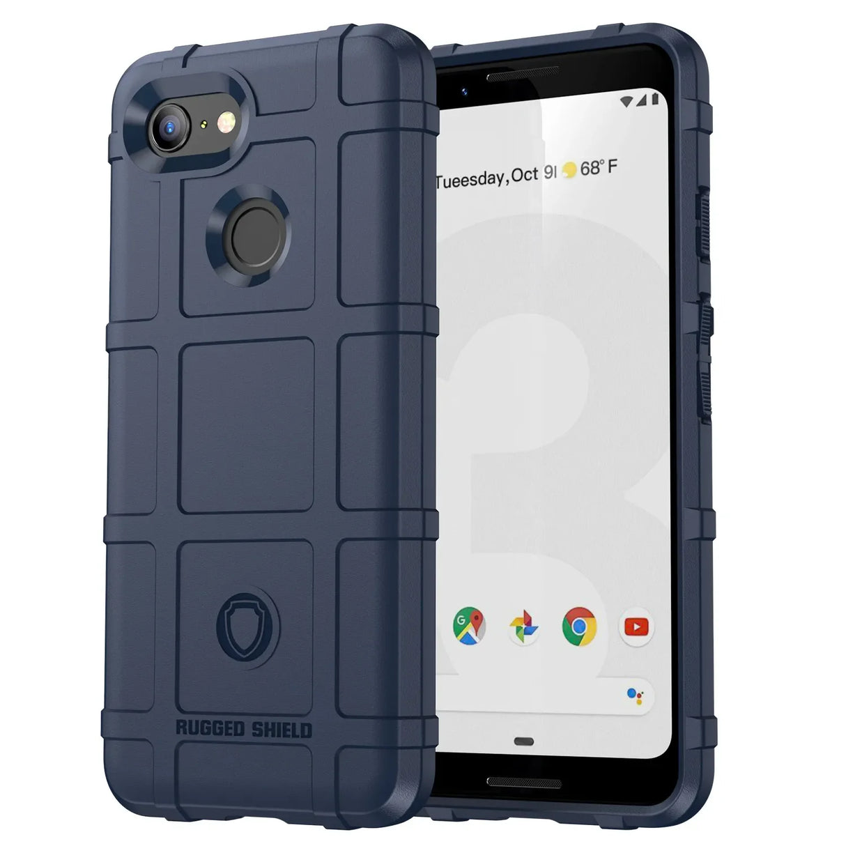 Rugged navy blue protective case for a smartphone, displaying the phone’s screen with app icons.