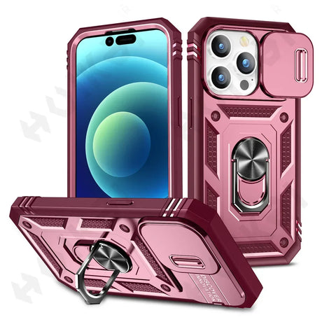 Rugged pink smartphone case with a built-in ring holder and camera lens protection.