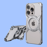 Rugged protective case for an iPhone with a circular magnetic mount and multiple camera cutouts.