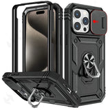 Rugged protective case for an iPhone with a built-in ring holder and camera lens cover.