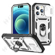 Rugged protective case for an iPhone with a built-in ring holder and camera lens protection.