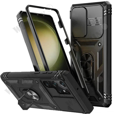 Rugged protective case for a smartphone with a built-in stand and camera lens cover.