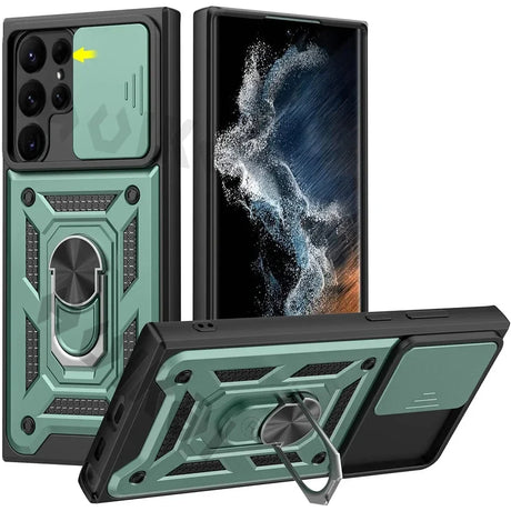 Rugged protective case for a smartphone with a built-in ring holder and kickstand.