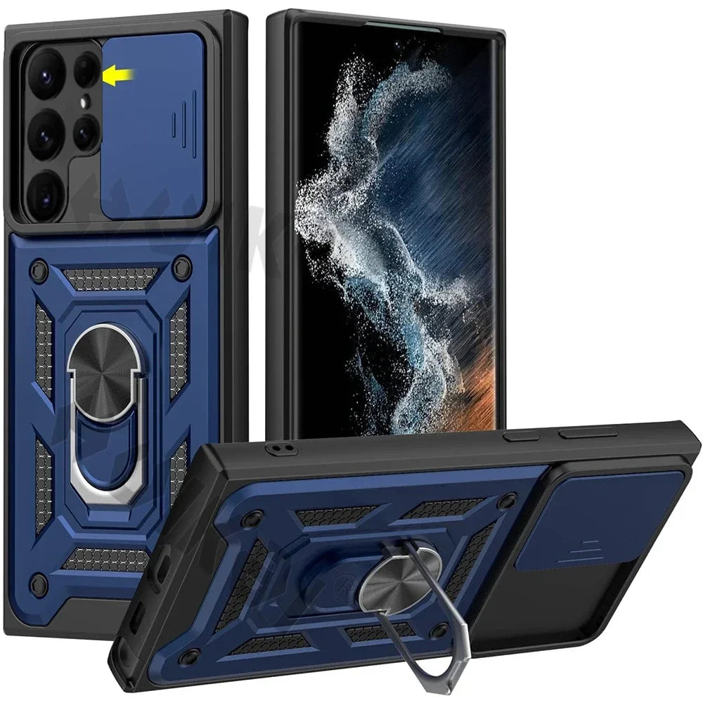 Rugged protective case for a smartphone with a built-in ring holder and kickstand.