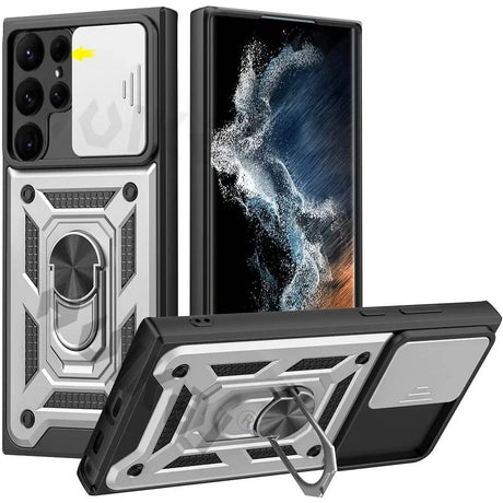 Rugged protective case for a smartphone with multiple camera lenses and a built-in kickstand.