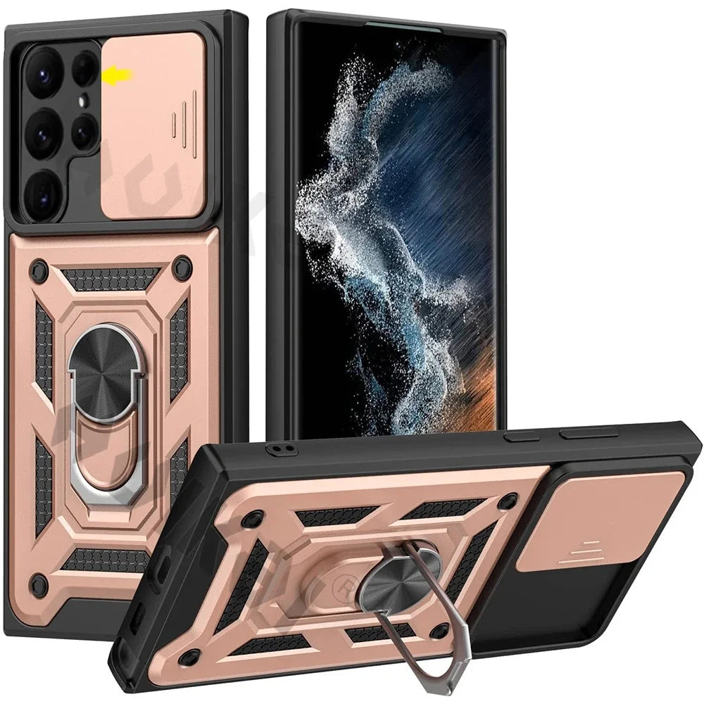 Rugged protective case for a smartphone with a ring holder and kickstand feature.