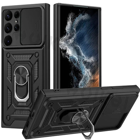 Rugged protective case for a smartphone with a built-in ring holder and camera lens cover.