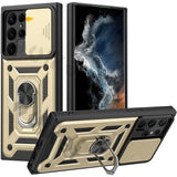 Rugged protective case for a smartphone with a built-in ring holder and kickstand.