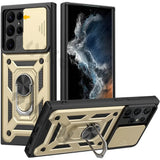 Rugged protective case for a smartphone with a built-in ring holder and kickstand.
