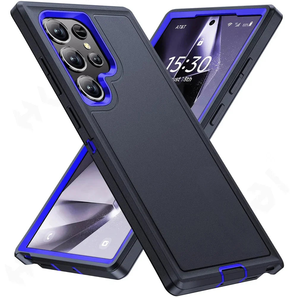 Rugged protective case for a smartphone with blue accents and multiple camera cutouts.