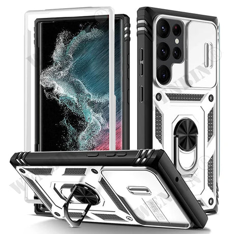 Rugged protective case for a smartphone with multiple camera lenses and a built-in ring holder.