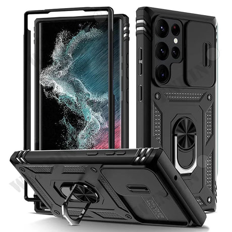 Rugged protective case for a smartphone with multiple camera lenses and a built-in ring stand.